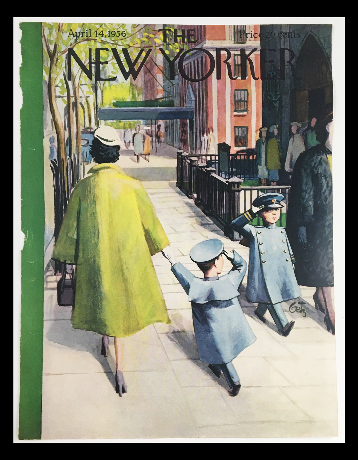 COVER ONLY The New Yorker April 14, 1956. Vintage magazine cover artwork by Arthur Getz, depicting a woman in a green coat walking with children in blue uniforms on a city street.