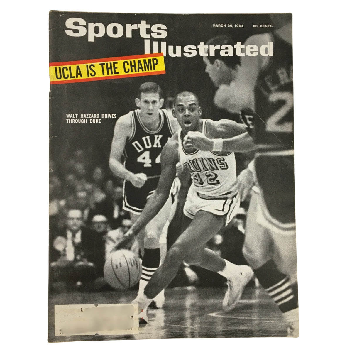 March 30, 1964, Sports Illustrated magazine cover featuring Walt Hazzard with the headline 'UCLA is the Champ', chronicling significant moments in basketball history.