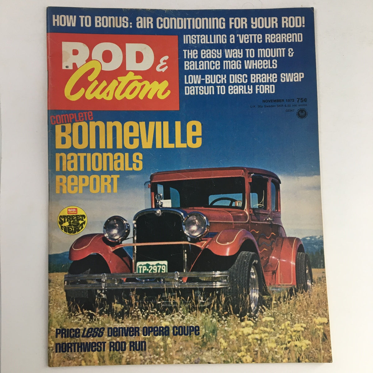 Rod & Custom Magazine November 1972 featuring the Bonneville Nationals Report, showcasing a vintage red car on the cover, surrounded by a scenic landscape with mountains, a classic collectible for automotive enthusiasts.