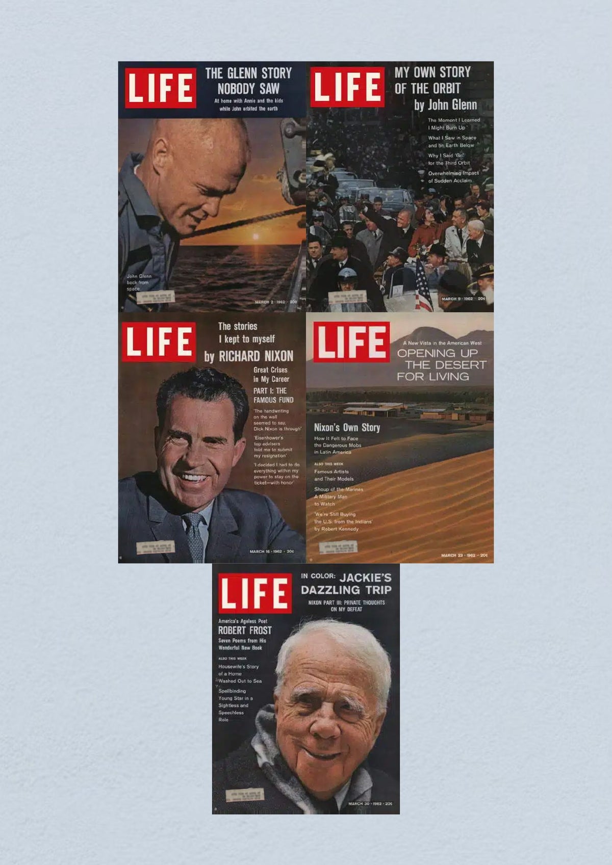 Life Magazine March 23, 1962 cover featuring Robert Frost in 'In Color: Jackie's Dazzling Trip' highlighting Frost's poetry and personal thoughts.