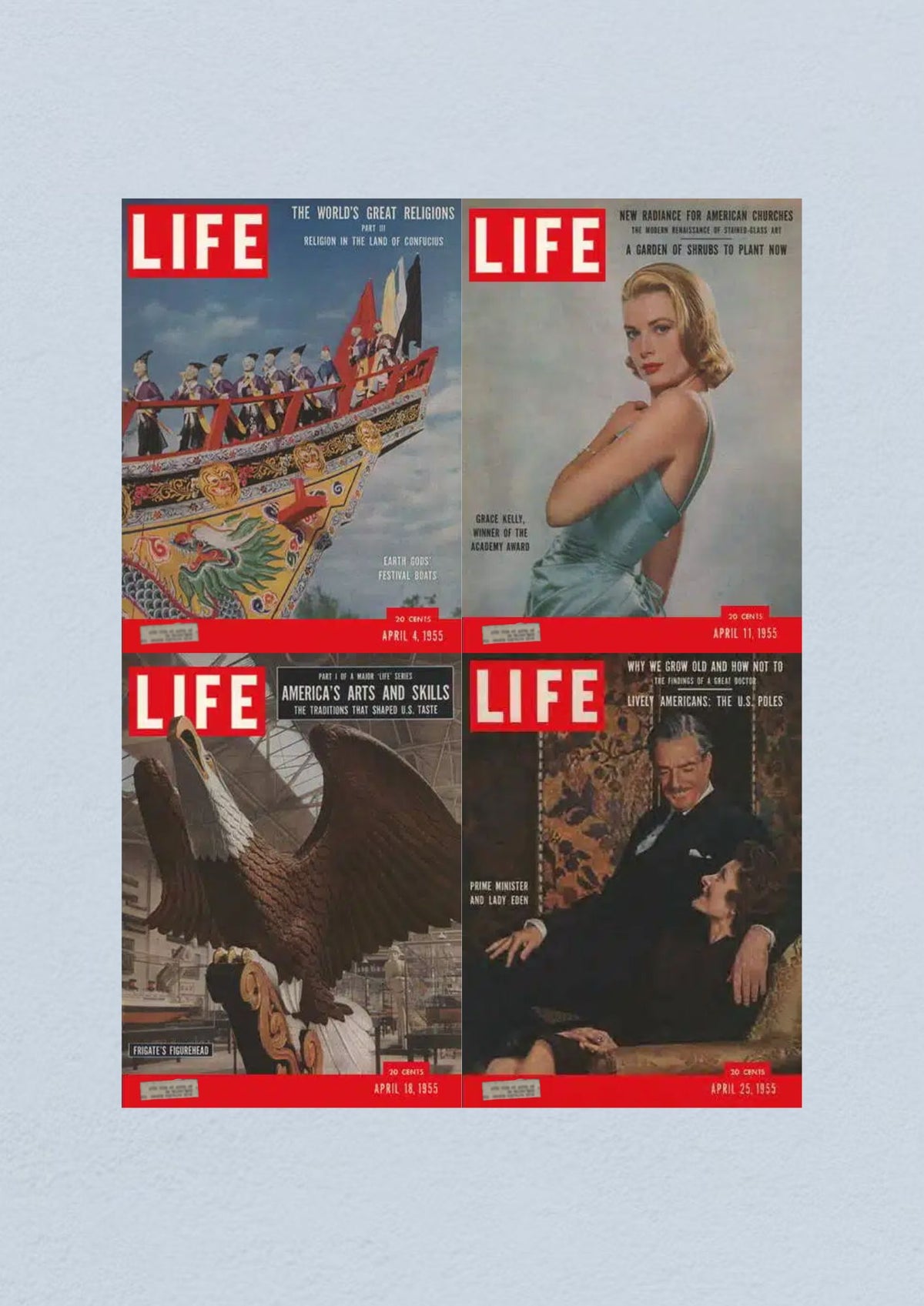 Life Magazine Lot of 4 Full Month of April 1955 featuring covers from April 4th, 11th, 18th, and 25th highlighting key cultural moments during the Civil Rights Era.