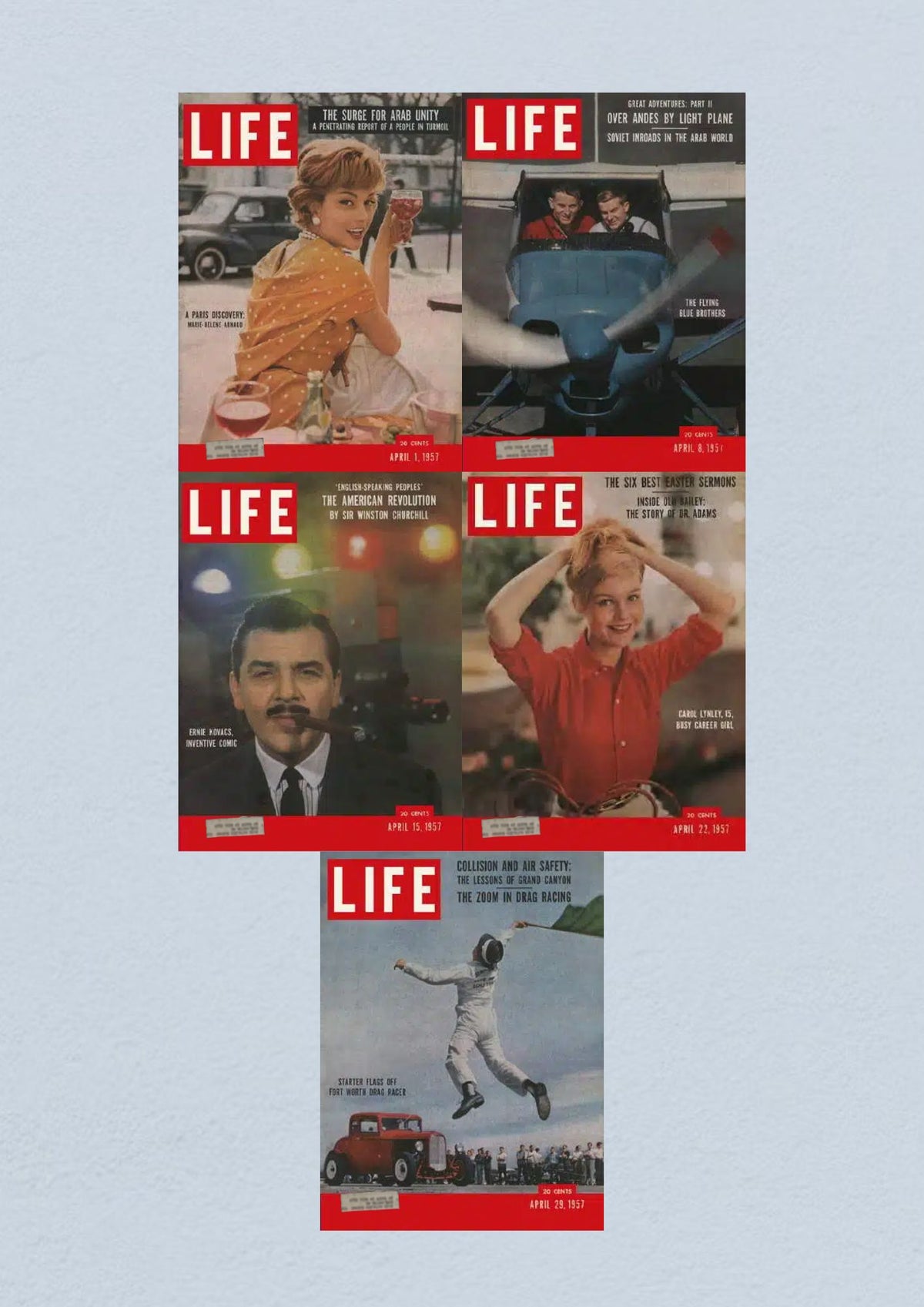 Life Magazine Cover April 29, 1957 depicting a drag racer in action, part of the collection Life Magazine Lot of 5 Full Month April 1957.