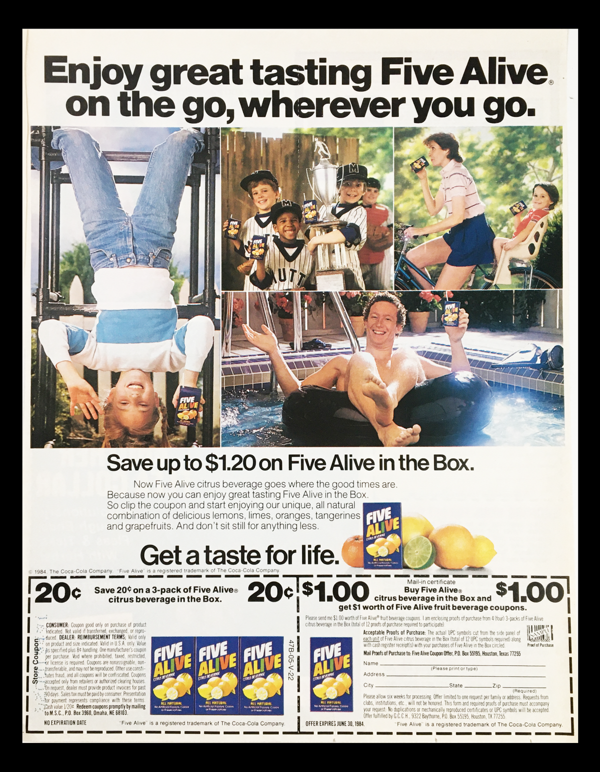 1984 Five Alive Citrus Beverage Circular Coupon Advertisement showcasing people enjoying Five Alive drinks, featuring attractive images and promotional savings.
