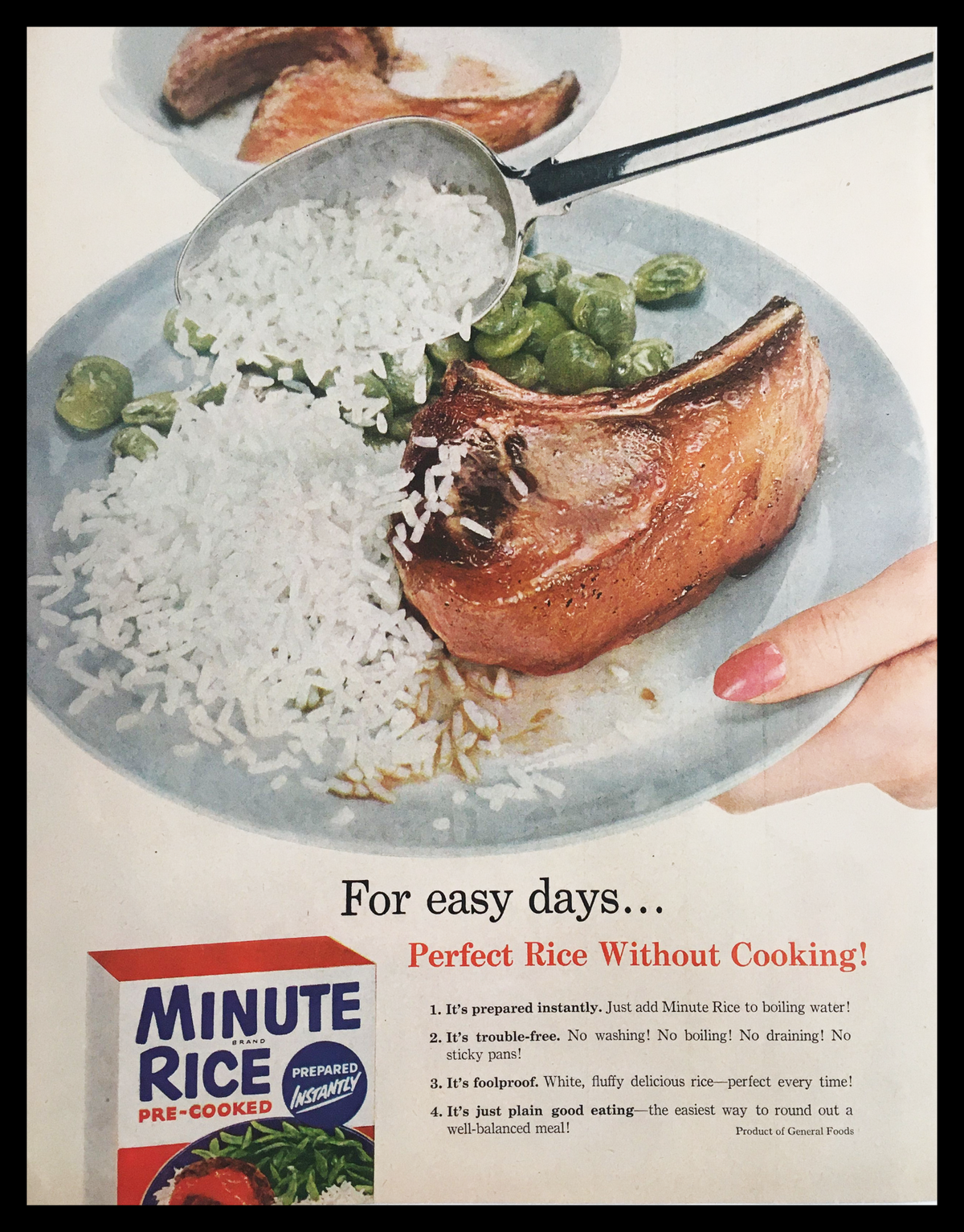 1955 Minute Rice Brand Pre-Cooked Vintage Print Ad showcasing a plate of cooked Minute Rice beside a pork chop, highlighting the convenience of preparing rice without cooking.