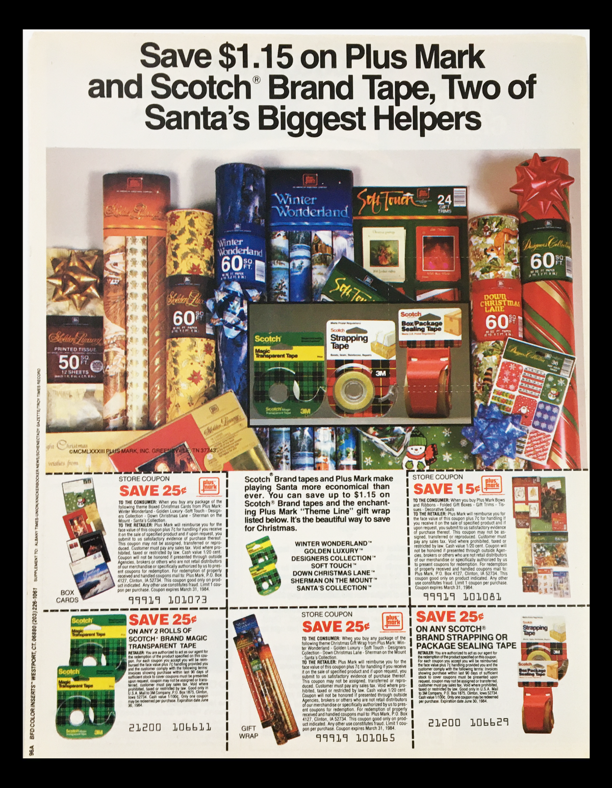 1984 Mark and Scotch Brand Tape Circular Coupon Advertisement featuring a variety of holiday-themed tapes and gift wrap, highlighting savings on Plus Mark and Scotch Brand Tape products.