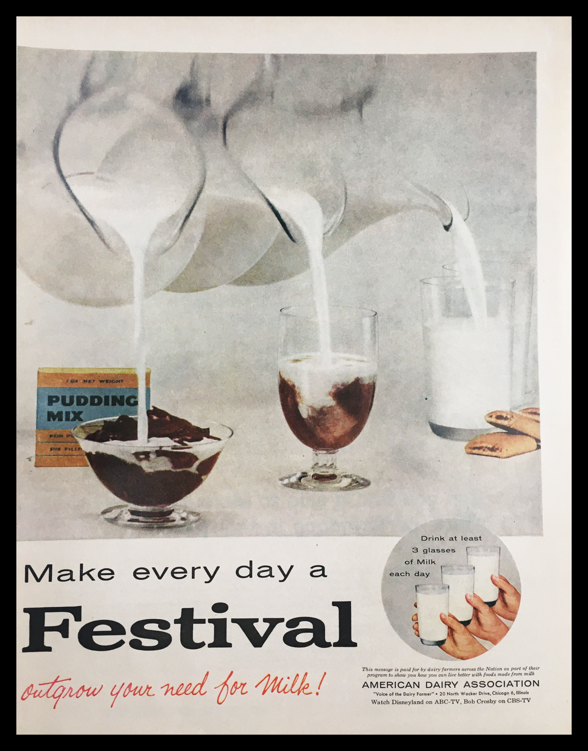 1955 Festival Milk American Dairy Association Vintage Print Ad featuring milk being poured into glasses and desserts, promoting the nutritional benefits of dairy products from the 1950s.