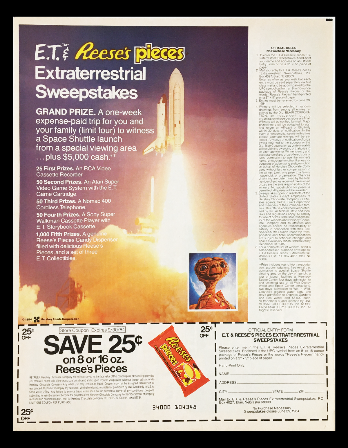 1984 Reese's Pieces Extraterrestrial Sweepstakes Circular Coupon Advertisement featuring a Space Shuttle launch, offering a grand prize of a one-week trip to view the launch.