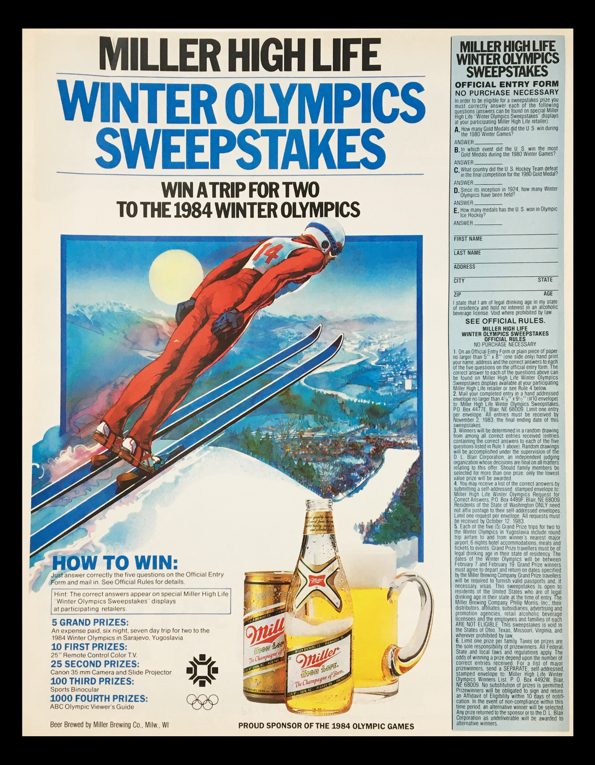 1984 Winter Olympics Sweepstakes Coupon Advertisement featuring a ski jumper in motion, promoting Miller High Life with details on grand prizes and entry instructions.