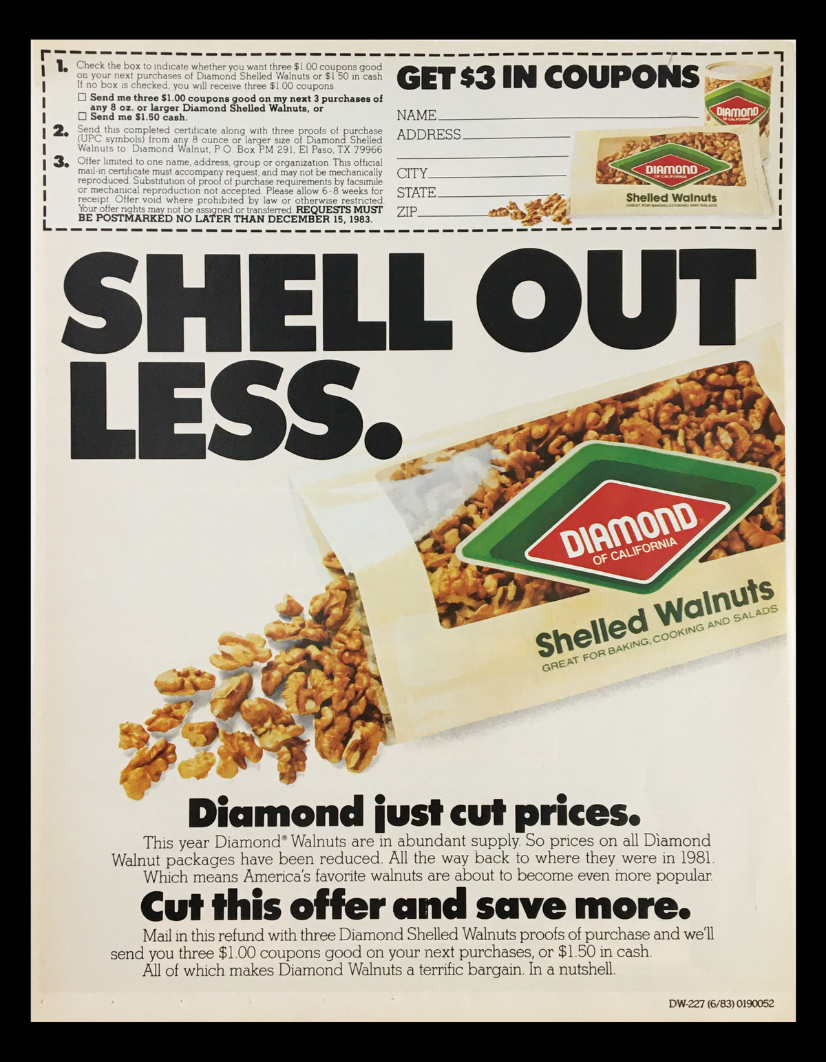 1983 Diamond of California Shelled Walnuts Coupon Advertisement showcasing shelled walnuts with pricing details and promotional offer.