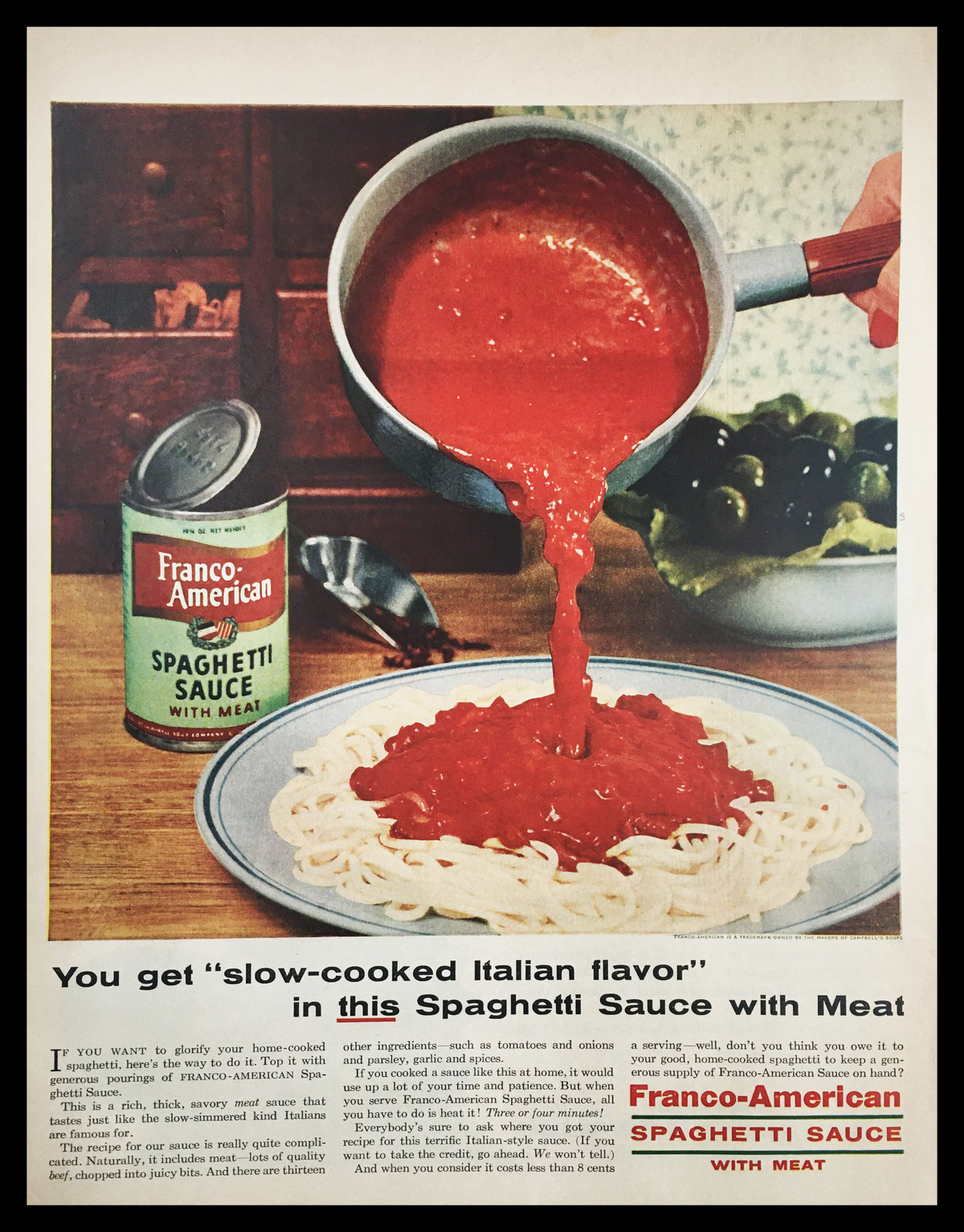 1955 Franco-American Spaghetti Sauce with Meat Vintage Print Ad showcasing a can of spaghetti sauce being poured over a plate of spaghetti, illustrating classic mid-century American cuisine.