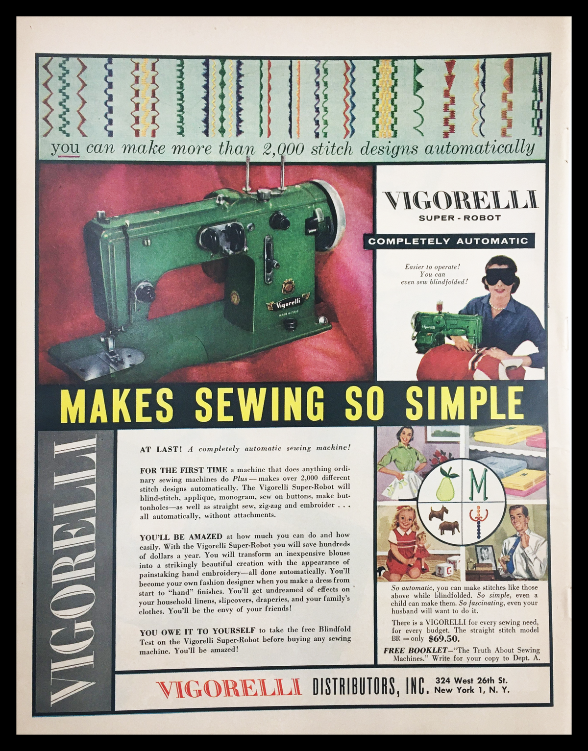 1955 Vigorelli Super-Robot Sewing Machine Vintage Print Ad showcasing a green sewing machine, vibrant colors, and mid-20th century design elements. Highlights the features and benefits of the sewing machine, appealing to sewing enthusiasts and collectors.