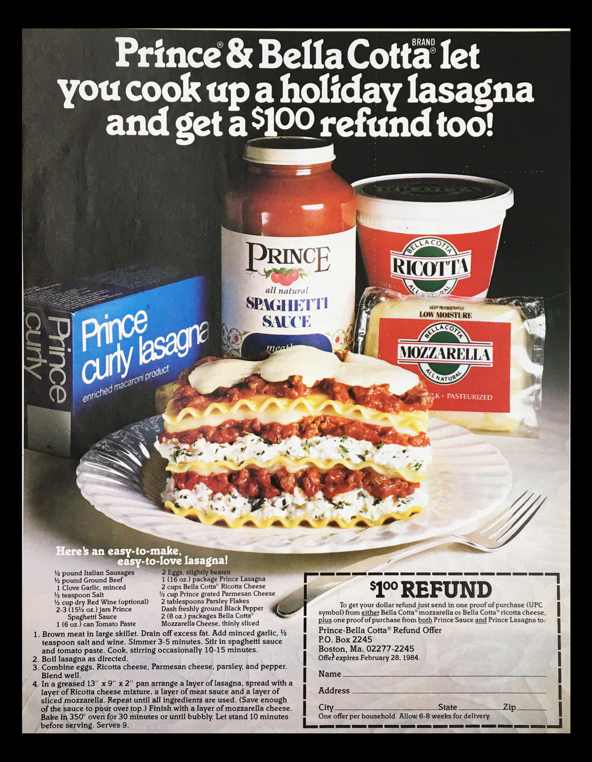 1984 Prince All Natural Spaghetti Sauce Circular Coupon Advertisement featuring Prince and Bella Cotta products with a holiday lasagna recipe, including Prince spaghetti sauce, ricotta, and mozzarella on a plate, with a refund offer.