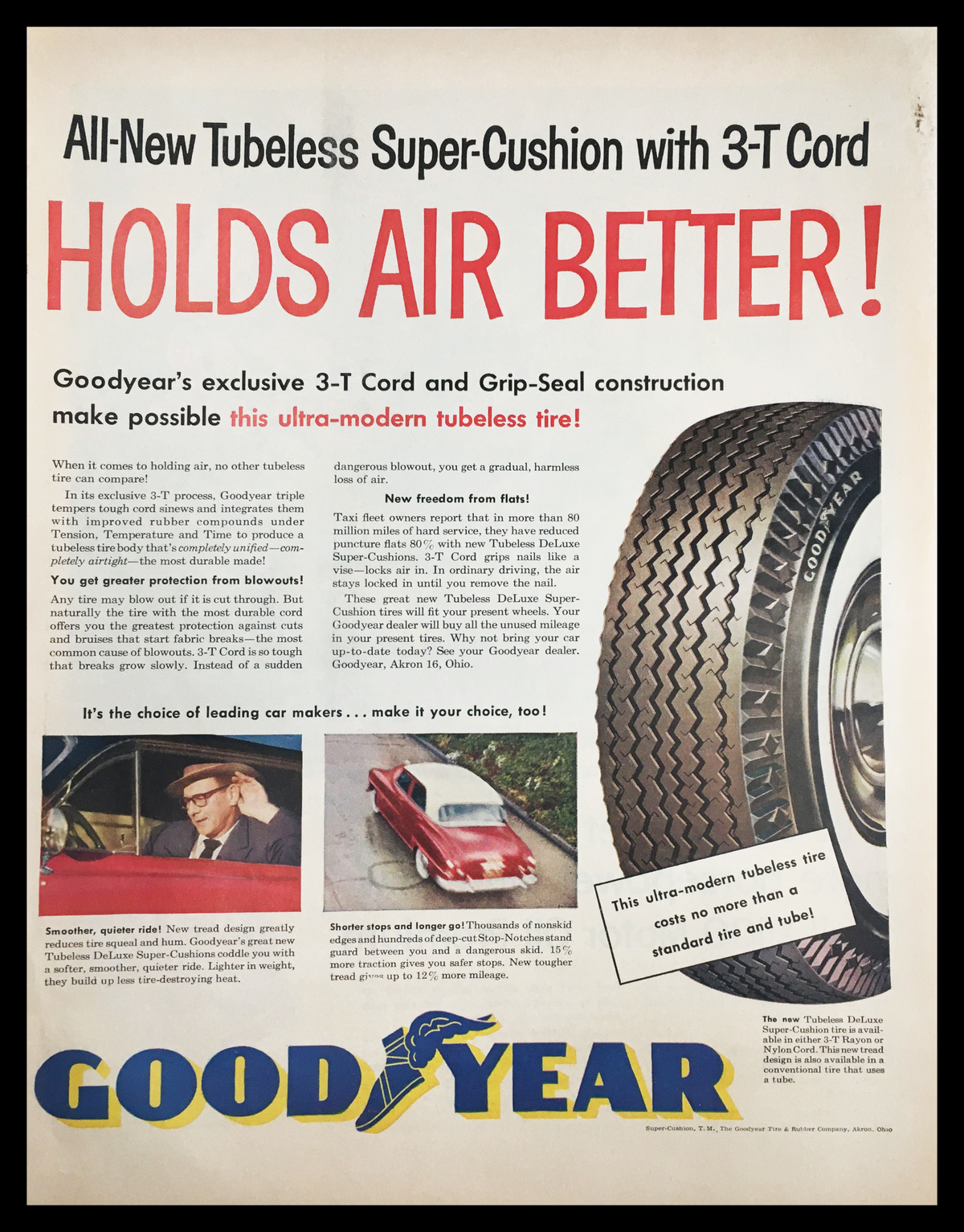 1955 Goodyear Tubeless Super-Cushion 3-T Cord Vintage Print Ad showcasing tire technology with bold text stating 'Holds Air Better!' and featuring a tire image and a classic car, perfect for automotive history enthusiasts.