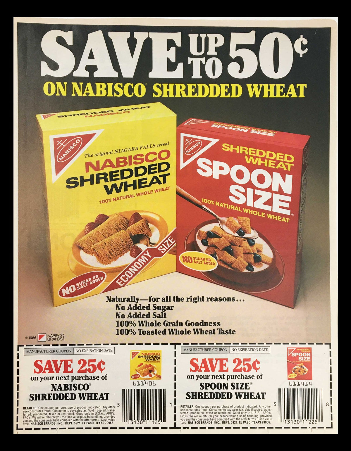 1986 Nabisco Shredded Wheat & Spoon Size Cereal Circular Coupon Advertisement featuring the product boxes and coupon details, highlighting savings of 50 cents. The advertisement showcases the health benefits of whole grain wheat without added sugar or salt.
