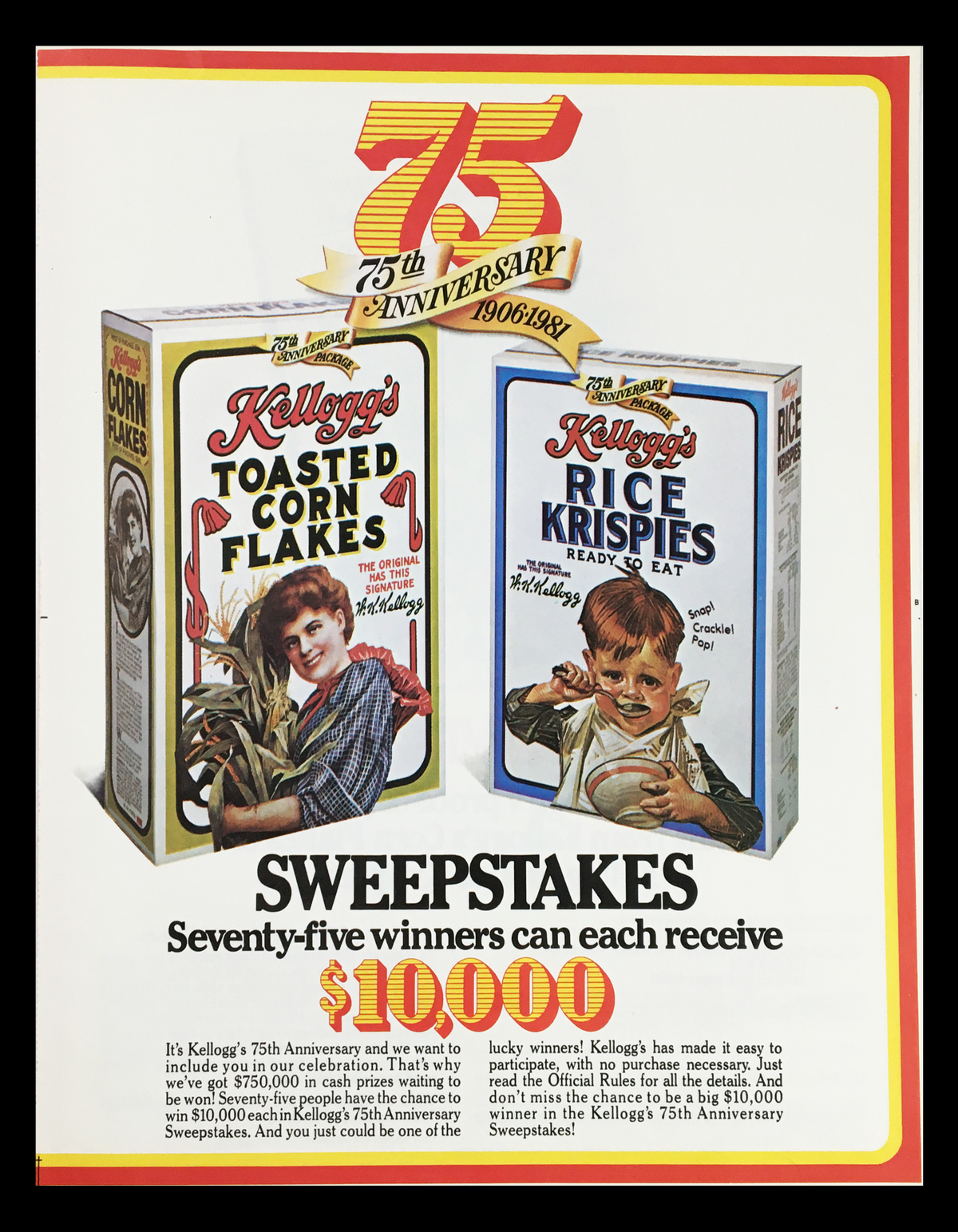 1984 Kellogg's Cereals Sweepstakes Circular Coupon Advertisement showcasing Kellogg's Toasted Corn Flakes and Rice Krispies boxes, highlighting a $10,000 Sweepstakes with illustrations of children and the celebratory 75th anniversary theme.