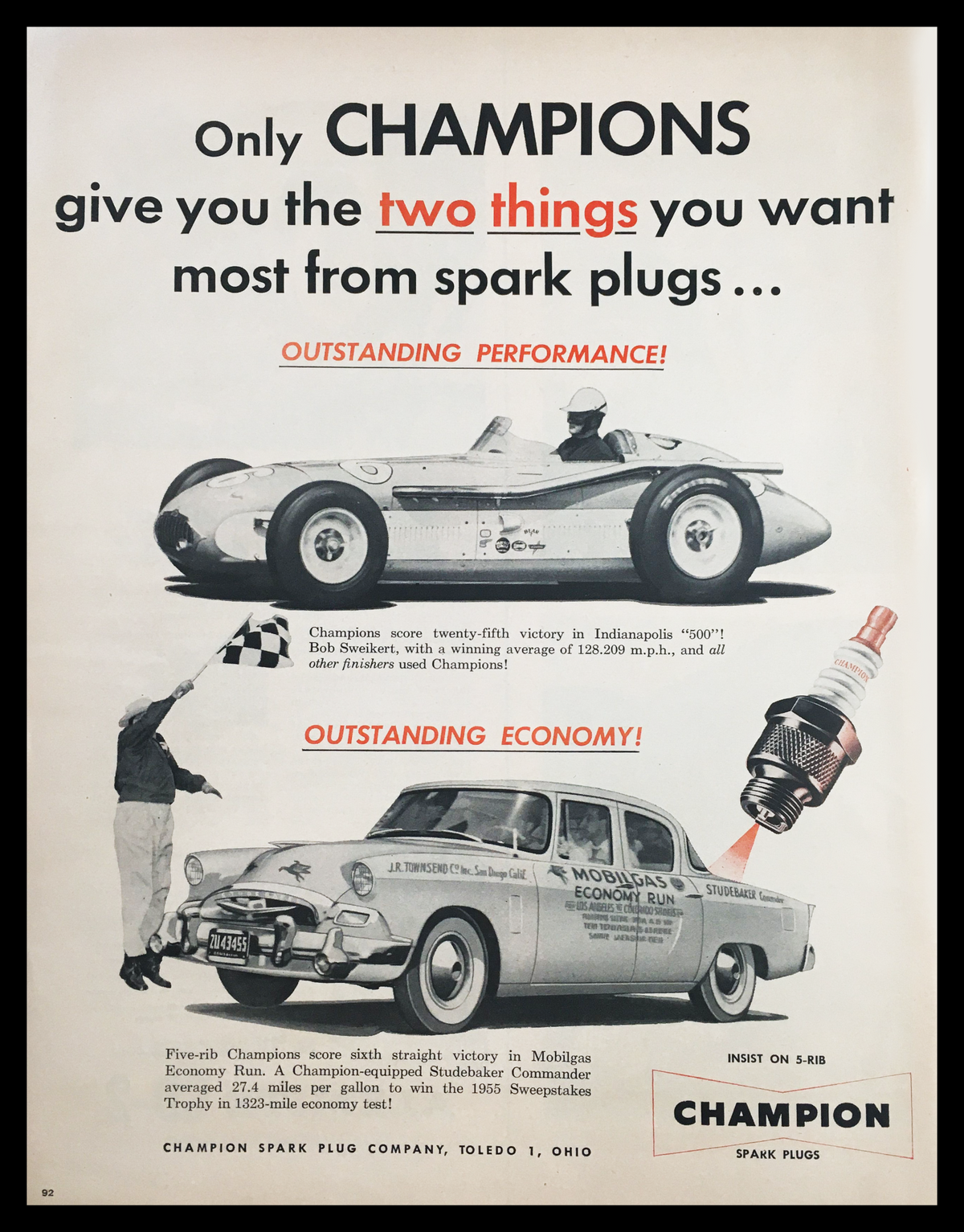 Vintage 1955 Champion Spark Plugs advertisement showcasing outstanding performance and economy, featuring a race car and a car with a detailed spark plug design, perfect for collectors and automotive enthusiasts.