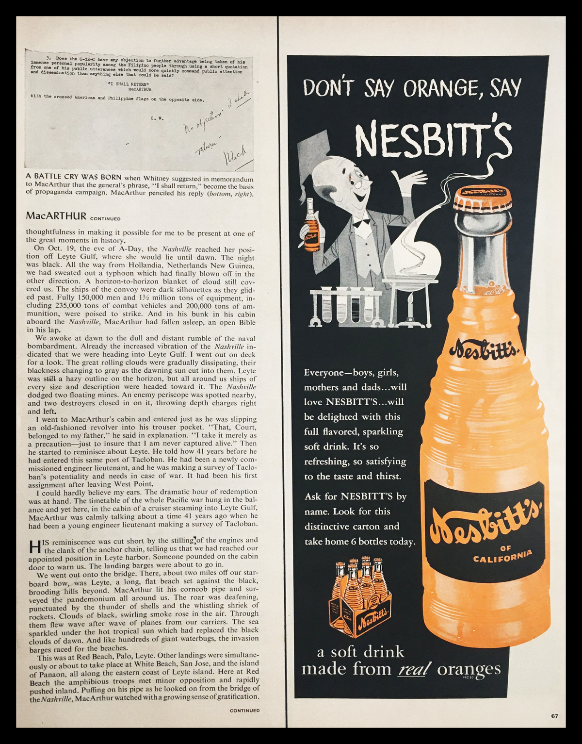 1955 Nesbitt's of California Real Oranges Soft Drink Vintage Print Ad featuring a classic design and illustration of a bottle, capturing the essence of mid-20th century advertising.