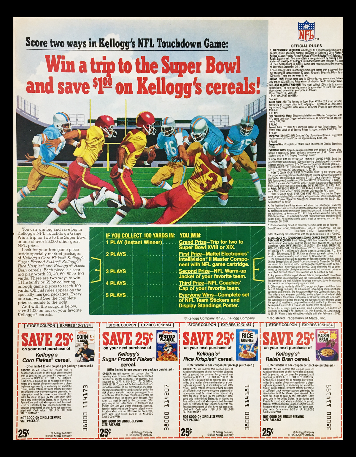 1983 Kellogg's Cereal NFL Super Bowl Trip Circular Coupon Advertisement featuring promotions for a trip to the Super Bowl and discounts on Kellogg's cereals, with vibrant colors and illustrations of players.