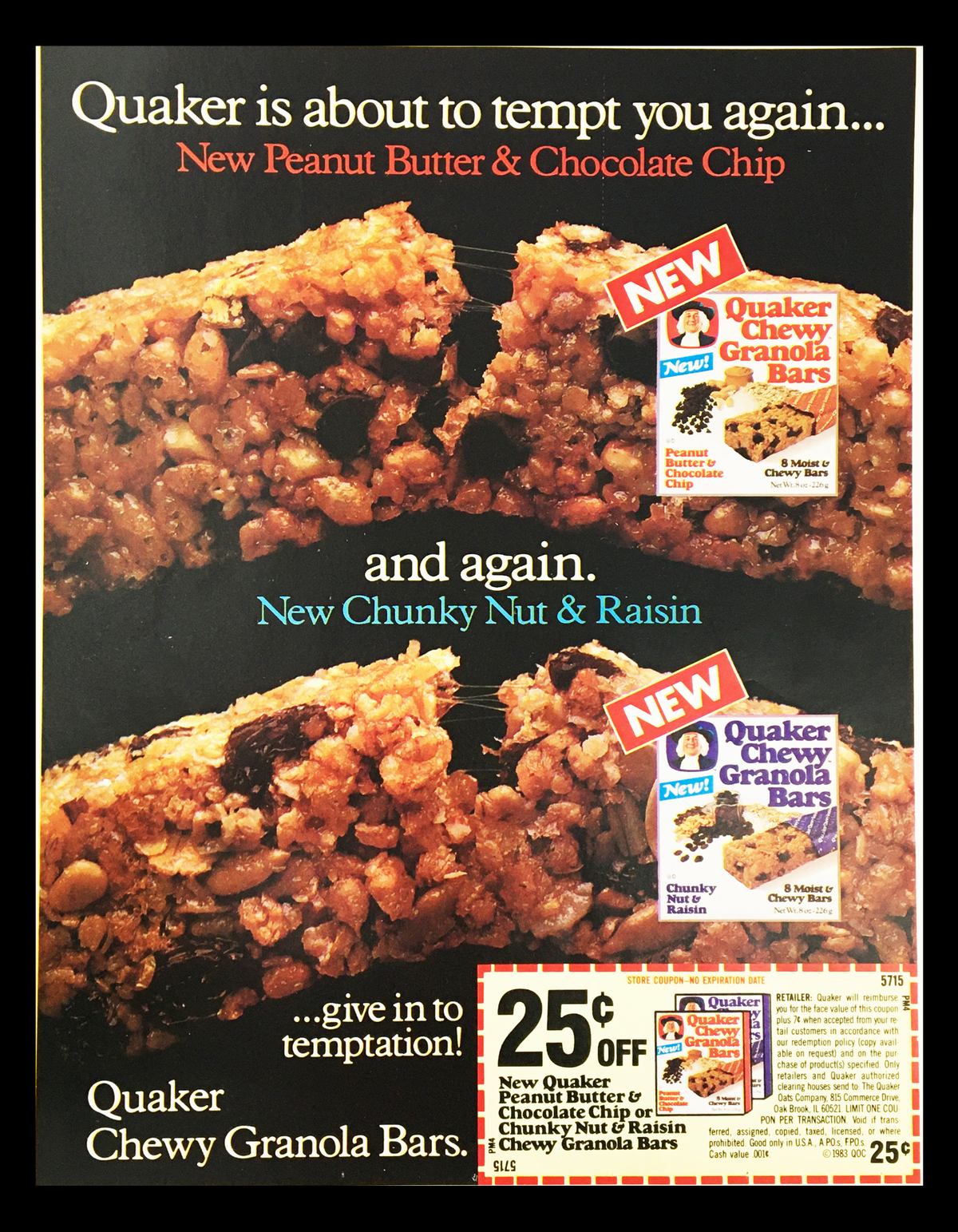1983 Quaker Chewy Granola Bars Circular Coupon Advertisement featuring new flavors: Peanut Butter & Chocolate Chip and Chunky Nut & Raisin with a promotional coupon offer.