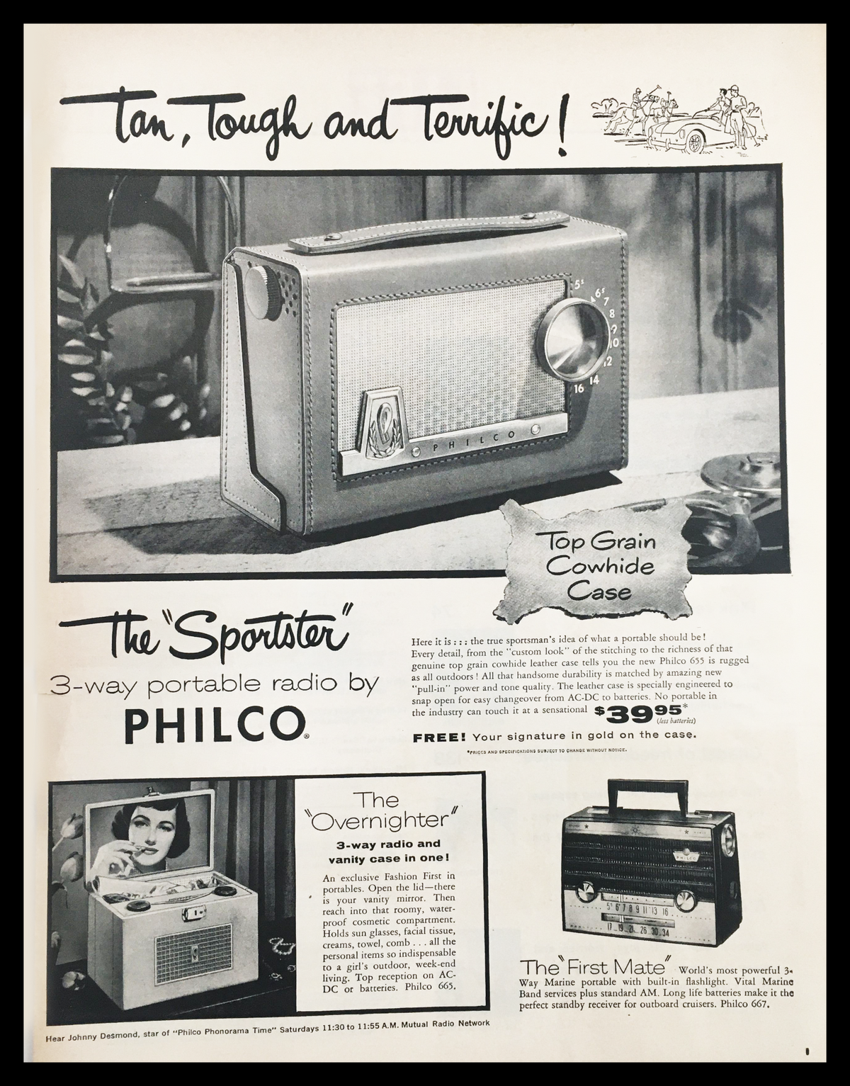 Vintage print advertisement for the 1955 Sportster 3-Way Portable Radio by Philco, showcasing the radio design and features, including the stylish cowhide case, with a tagline that reads 'Tan, Tough and Terrific!'. Perfect for collectors and aficionados of vintage electronics.