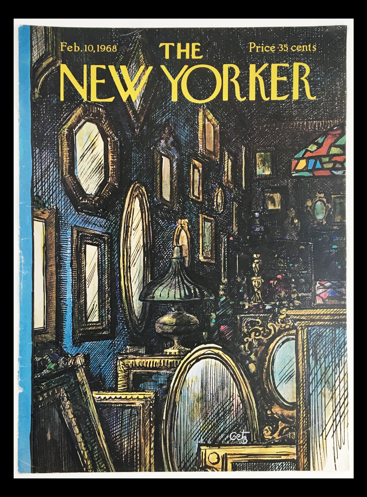 Cover of The New Yorker February 10, 1968 by Arthur Getz depicting a room filled with ornate mirrors and Victorian decor.