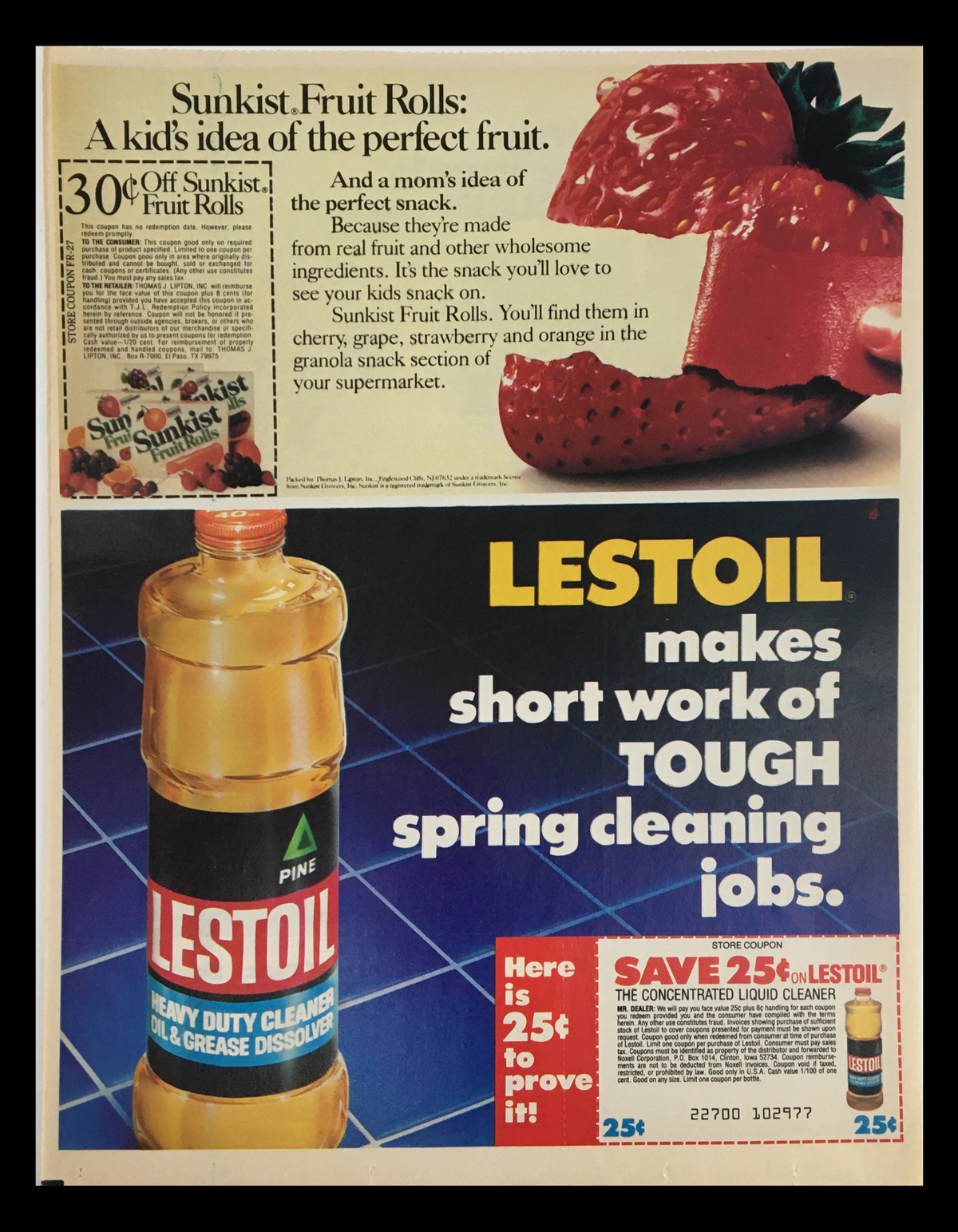 Sunkist Fruit Rolls and Lestoil advertisement featuring coupon deals, showcasing colorful fruit snacks and Lestoil cleaner with promotional offers.