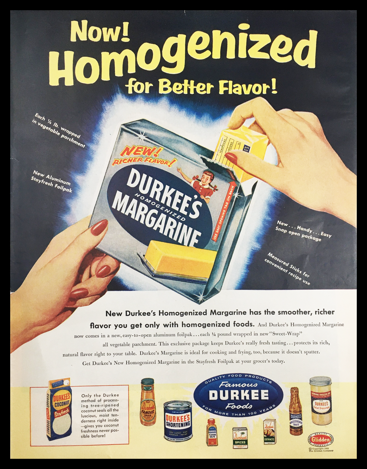 1955 Durkee's Homogenized Margarine Vintage Print Ad featuring a colorful advertisement showcasing the benefits of homogenized margarine with a hand holding the product. Ideal for vintage collectors.