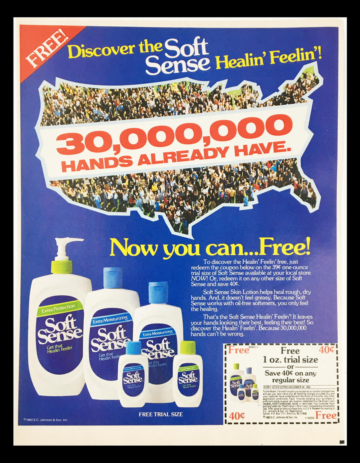1983 Soft Sense Extra Moisturizing Skin Lotion Circular Coupon Advertisement featuring multiple Soft Sense products and a map of the USA. Promotion highlights that 30 million hands have tried the product. Includes a free trial size offer.