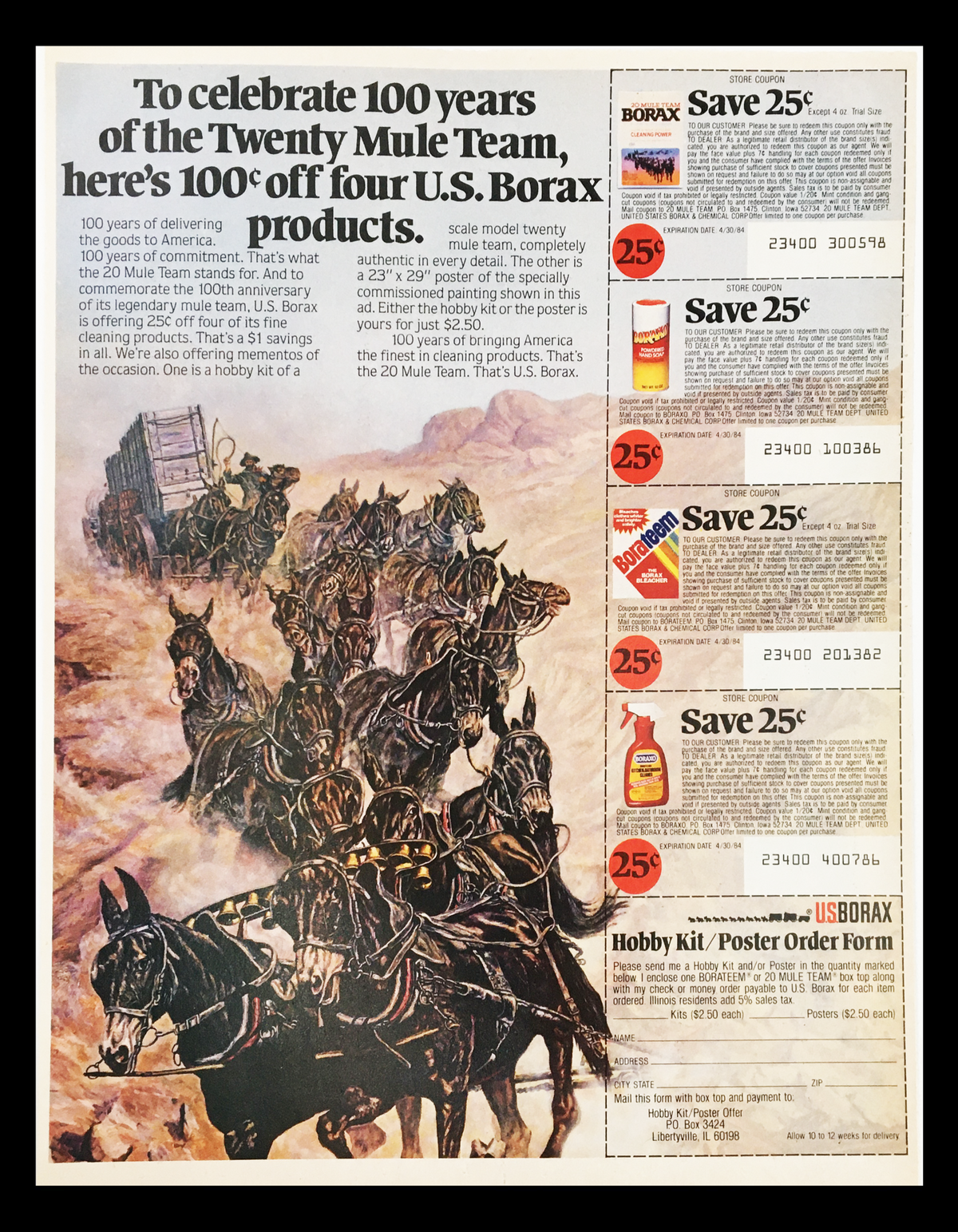 1983 advertisement celebrating 100 years of the Twenty Mule Team with a coupon for $1 off four U.S. Borax products. Features a vintage illustration of horses and wagons associated with Borax history.
