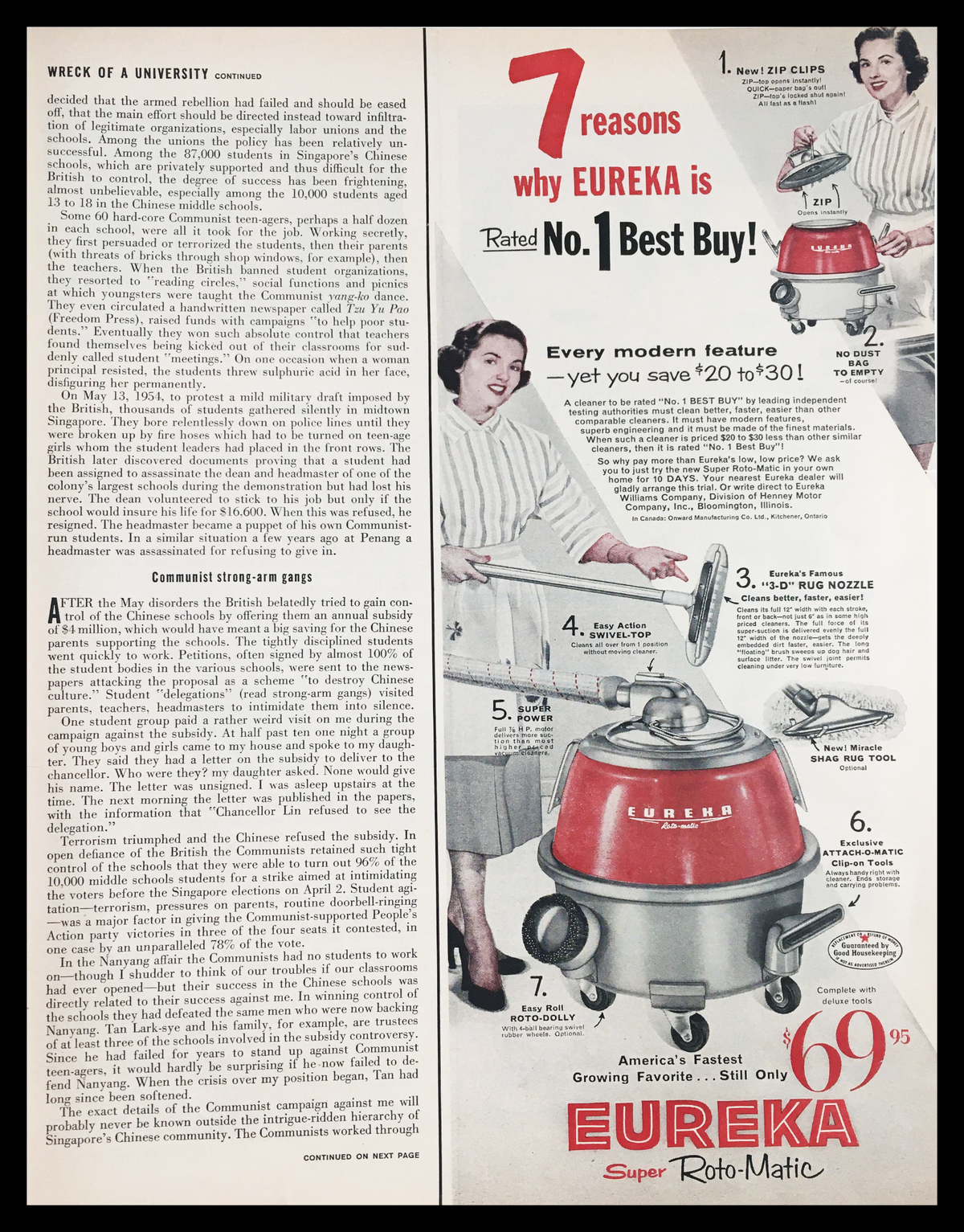 1955 Eureka Super Roto-Matic Vintage Print Ad featuring the iconic vacuum cleaner with seven highlighted reasons for its top rating as the best buy and attractive pricing details.