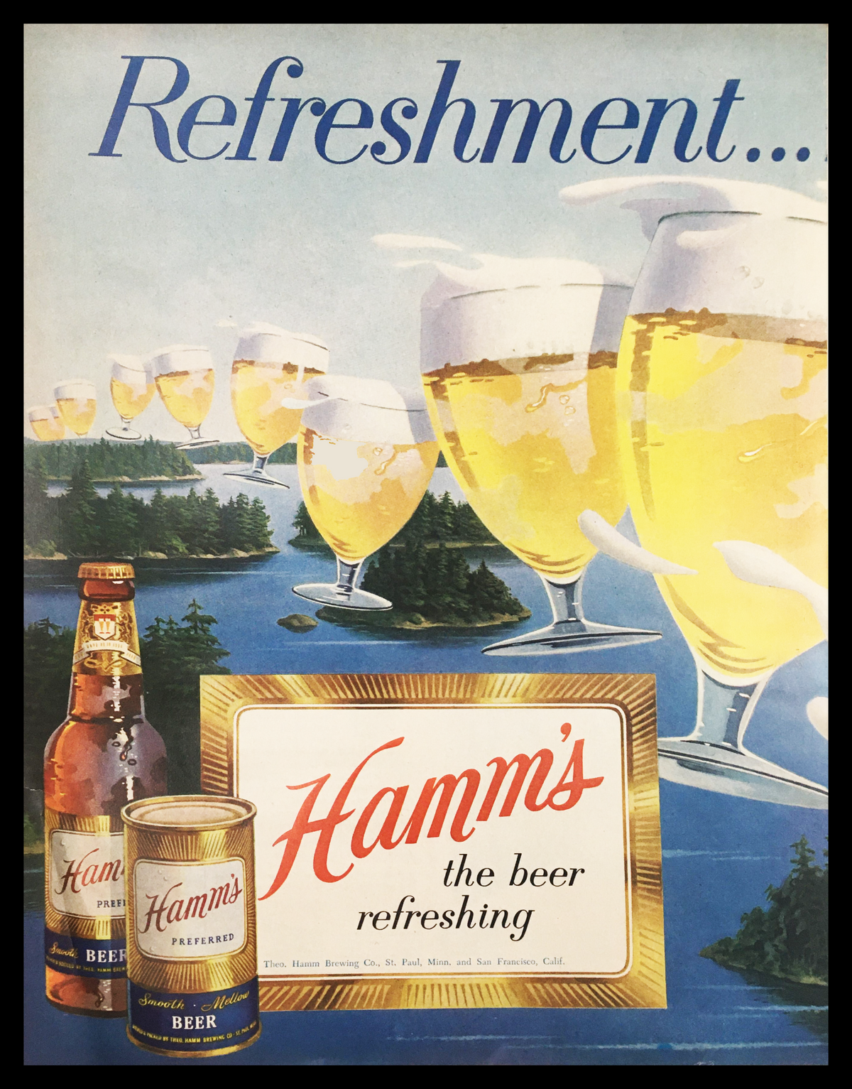 Vintage 1955 Hamm's Smooth Refreshing Mellow Beer advertisement featuring iconic imagery of beer glasses and bottles, capturing the essence of 1950s advertising design.