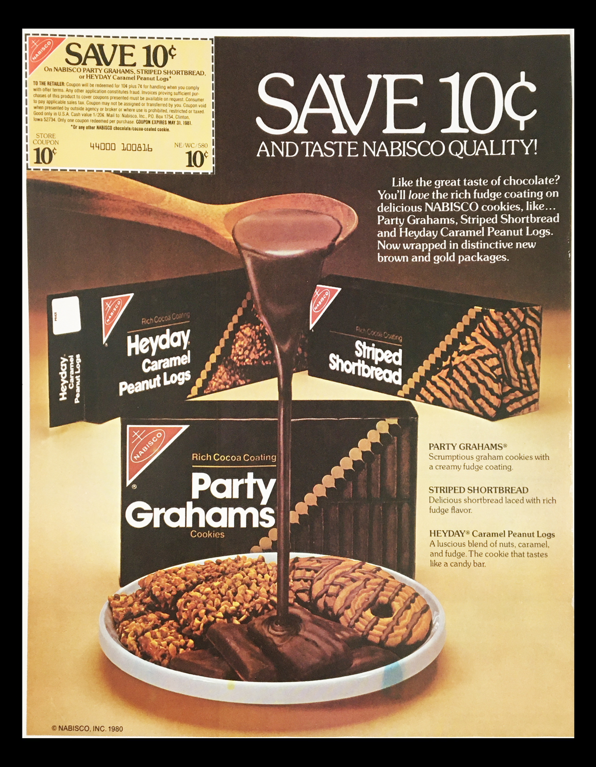 1980 Nabisco Party Grahams Cookies Circular Coupon Advertisement featuring a 10 cent savings coupon, showcasing Nabisco cookies including Party Grahams, Striped Shortbread, and Heyday Caramel Peanut Logs.