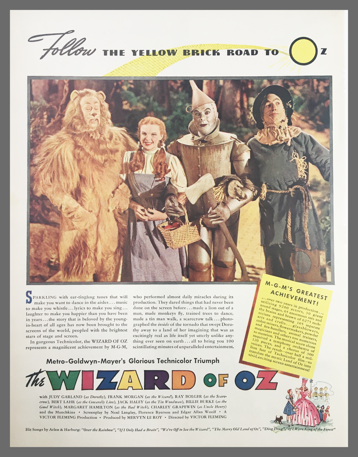 Classic 1955 The Wizard of Oz Movie Metro-Goldwyn-Meyer vintage print ad featuring iconic characters including Dorothy, the Scarecrow, Tin Man, and the Cowardly Lion, celebrating the beloved film's legacy.
