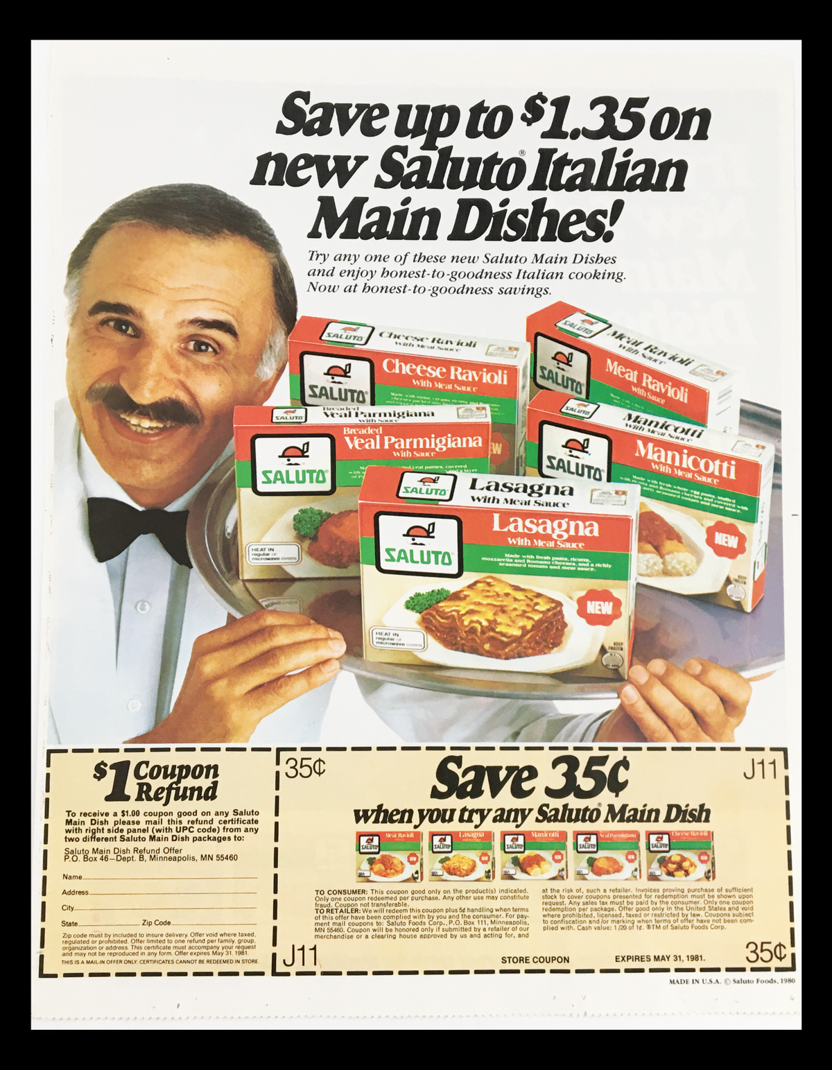 1981 Saluto Italian Main Dishes Circular Coupon Advertisement featuring various Saluto pasta dishes with a promotional coupon offering savings. The ad showcases products such as Cheese Ravioli, Veal Parmigiana, Lasagna, and Manicotti, highlighted with vibrant packaging.