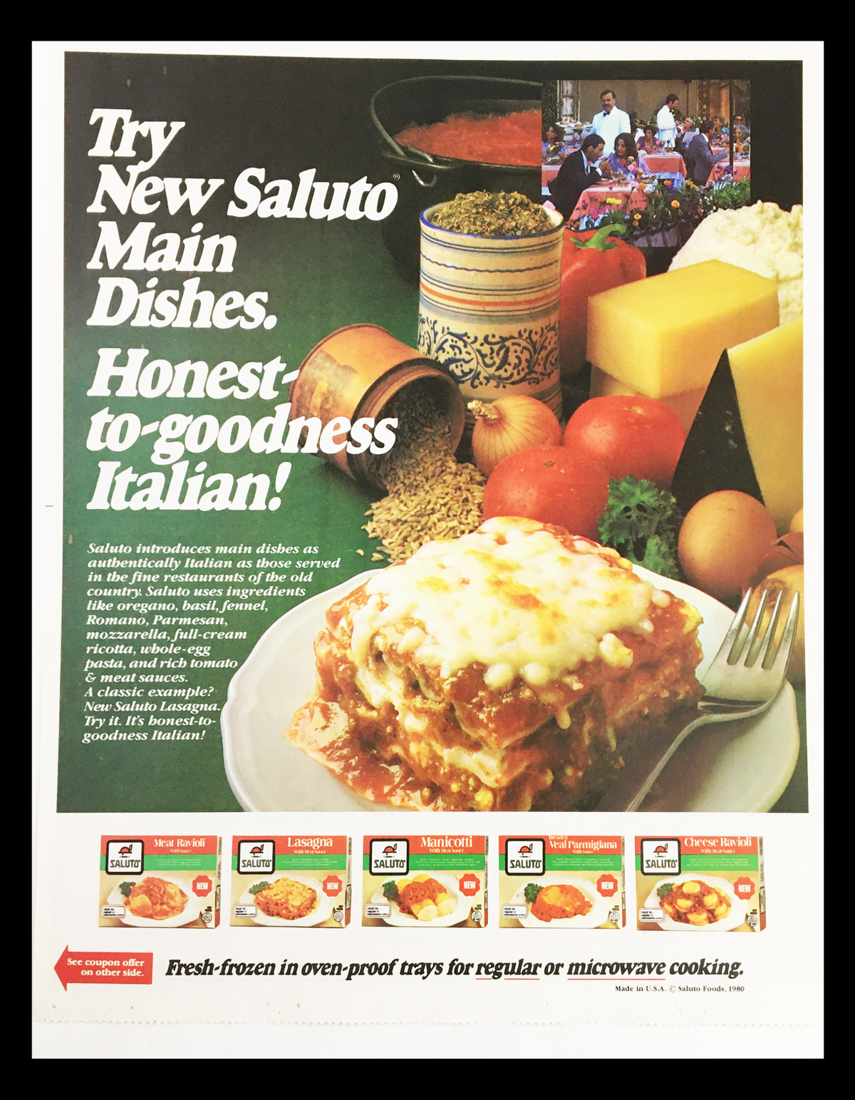 1981 Saluto Italian Main Dishes Circular Coupon Advertisement featuring a variety of Italian dishes including lasagna, cheeses, and pasta, highlighting honest-to-goodness Italian cuisine.