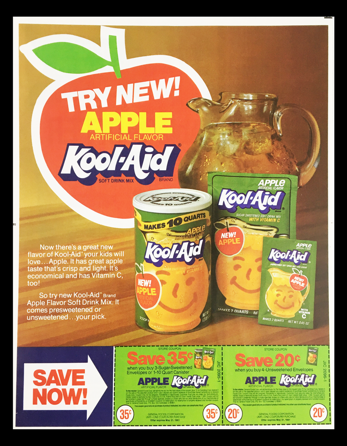 1981 Kool-Aid Soft Drink Mix Circular Coupon Advertisement featuring a promotional image of Kool-Aid with a pitcher and fruit, highlighting the new apple flavor, price, and savings on soft drink mix.