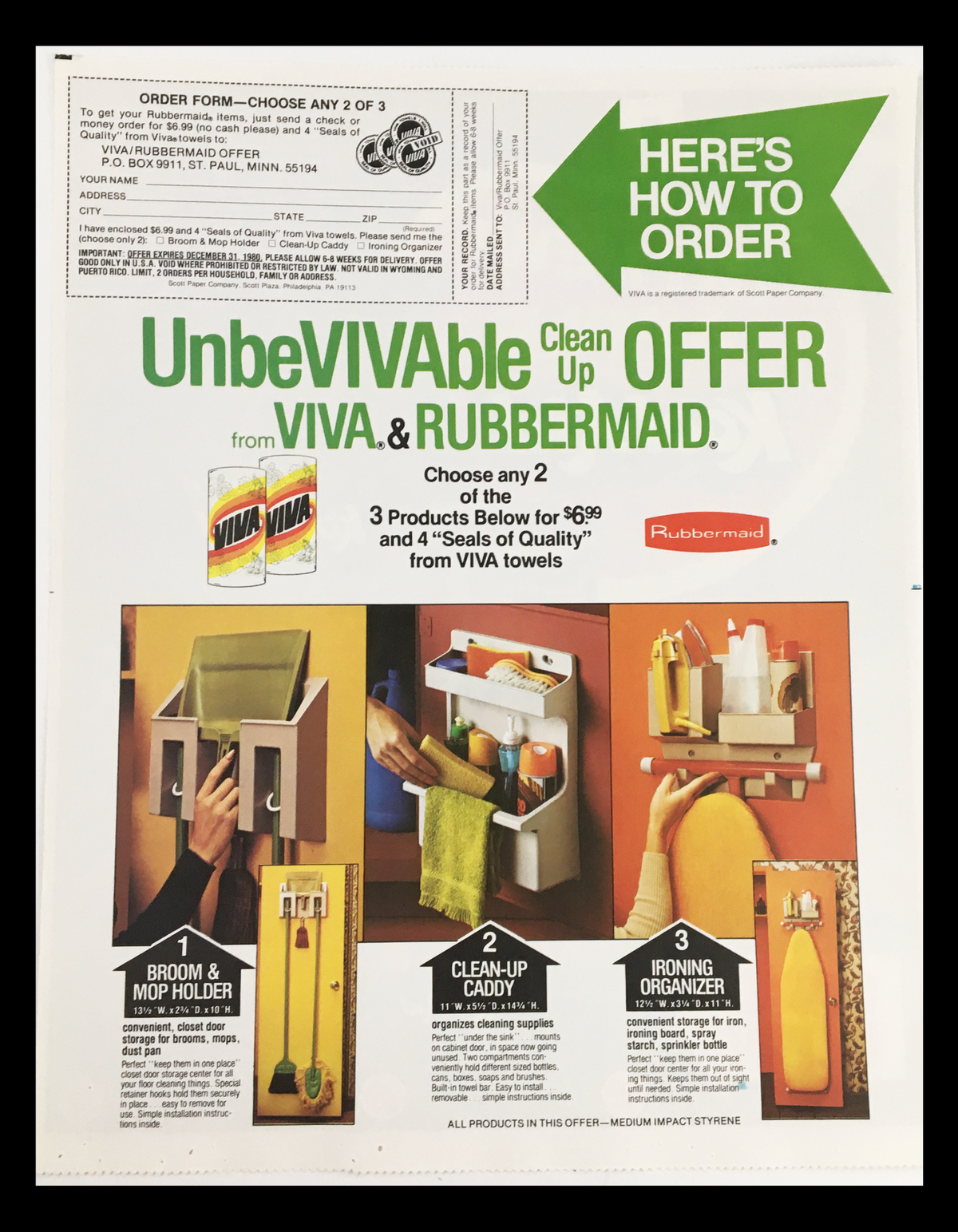 1981 UnbeVIVAble Cleanup Offer advertisement from VIVA and Rubbermaid showcasing various household items like a broom, mop holder, and cleaning organizer with details on product selection and pricing.
