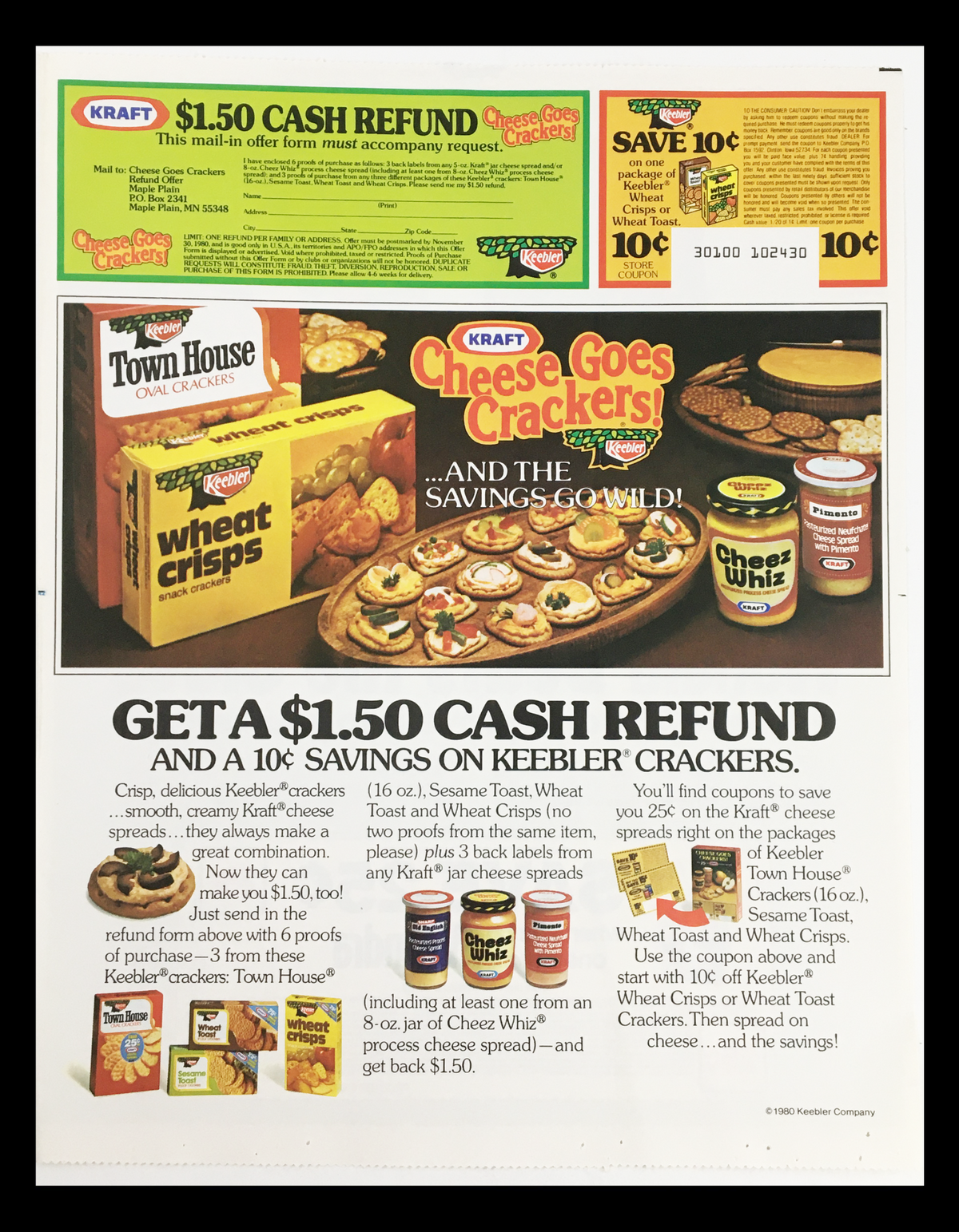 1980 Kraft Cheese Goes Crackers Circular Coupon Advertisement featuring a colorful layout with promotional art, highlighting a $1.50 cash refund offer and savings on Keebler crackers, alongside Kraft Cheese products.
