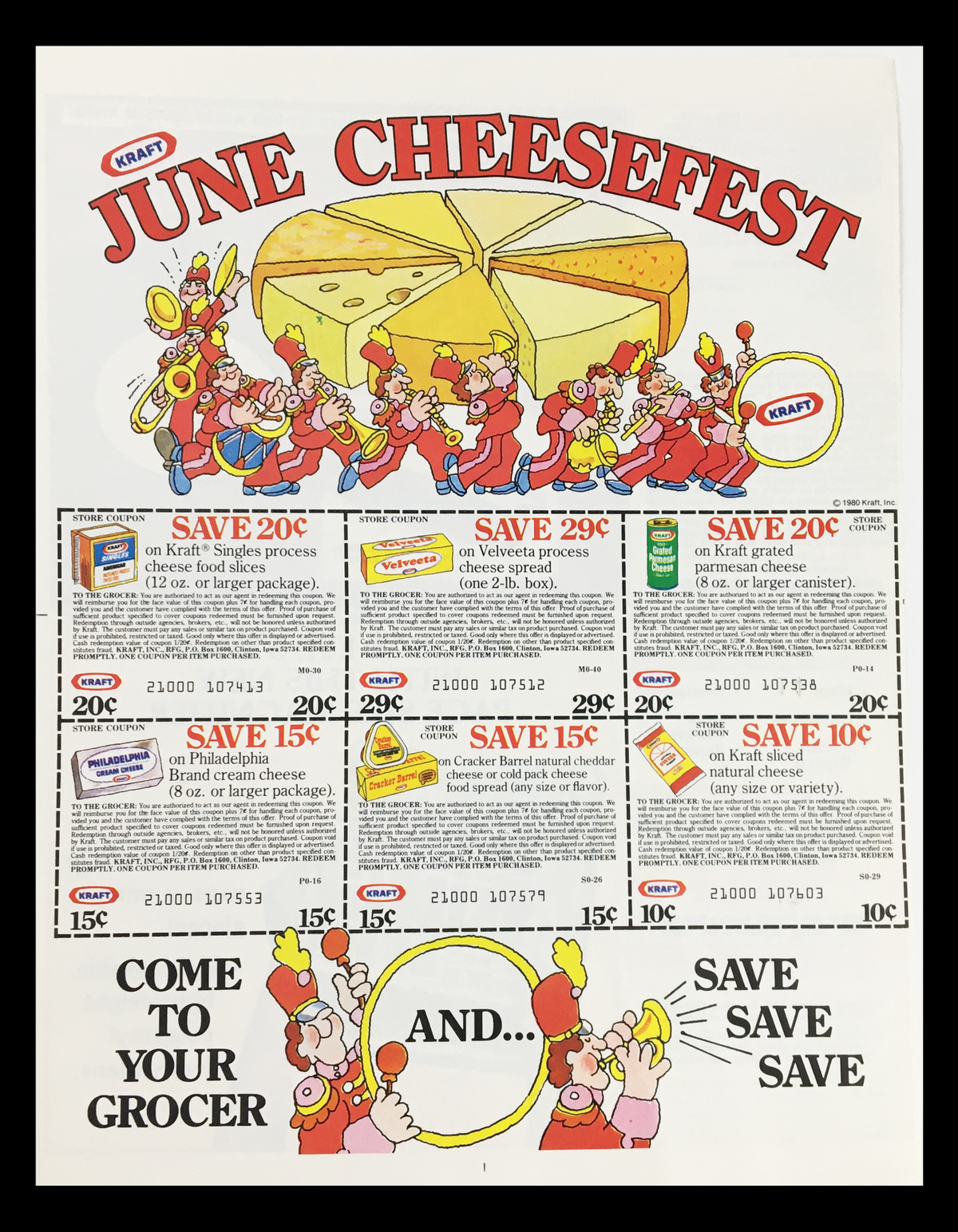 1980 Kraft June Cheesefest Circular Coupon Advertisement featuring various Kraft cheese products with promotional savings, showcasing a festive design with cartoon characters and cheese slices.