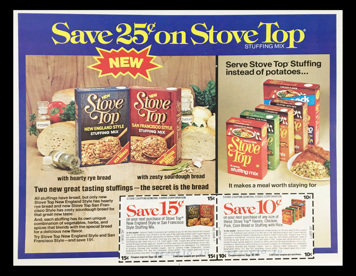1981 Stove Top New England Style Stuffing Mix Circular Coupon Advertisement showcasing various Stove Top products with promotional offers and ingredients.