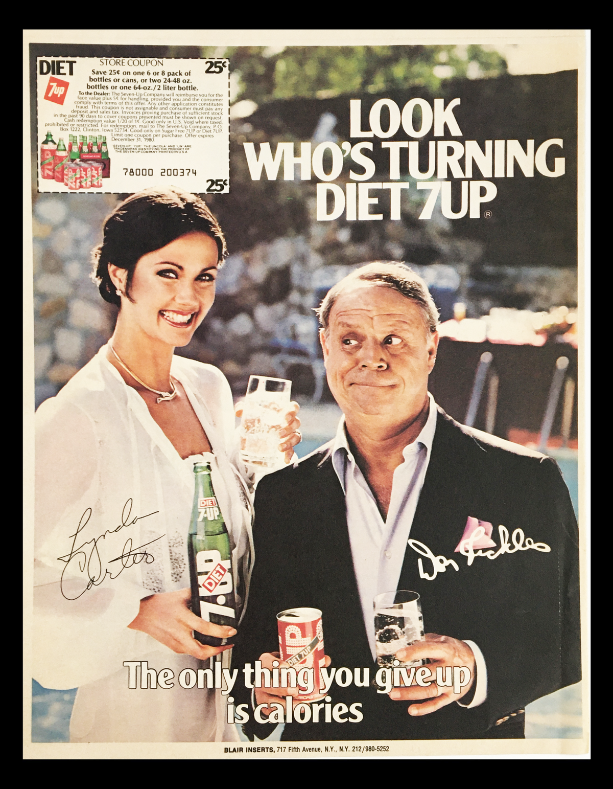 1980 7-Up Diet Lemon-Lime-Flavored Circular Coupon Advertisement featuring a woman holding a Diet 7-Up bottle and a man smiling while holding drinks, with the slogan 'The only thing you give up is calories'. Good condition, original advertisement.