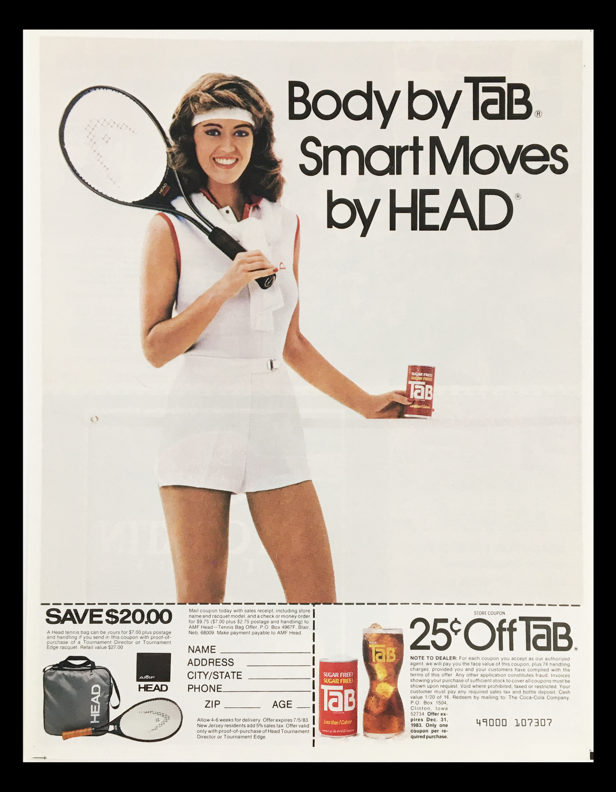 1983 Body by Tab Smart Moves by Head Circular Coupon Advertisement featuring a woman in a sporty outfit holding a can of Tab soda, along with a tennis racket. The ad promotes a $2.00 savings coupon for Tab and includes contact information for coupon redemption.