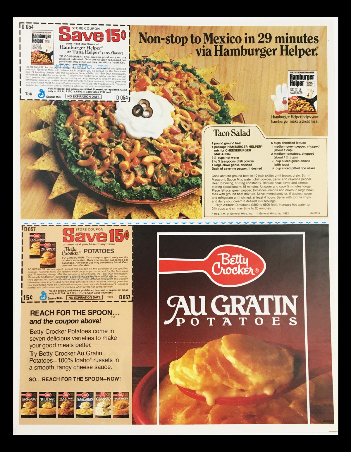 1983 Body by Tab Smart Moves by Head Circular Coupon Advertisement displaying a collage of food promotions, including Taco Salad and Betty Crocker Au Gratin Potatoes, with a focus on savings offers and product features.