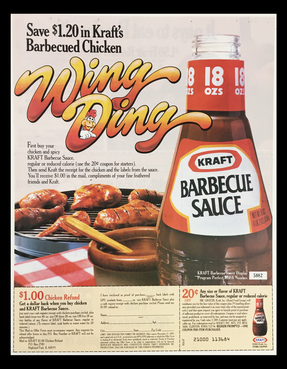 1983 Kraft Barbecue Sauce Wing Ding Circular Coupon Advertisement featuring the Kraft Barbecue Sauce bottle with chicken and sides, promoting a coupon saving of $1.20 on Kraft's Barbecued Chicken.