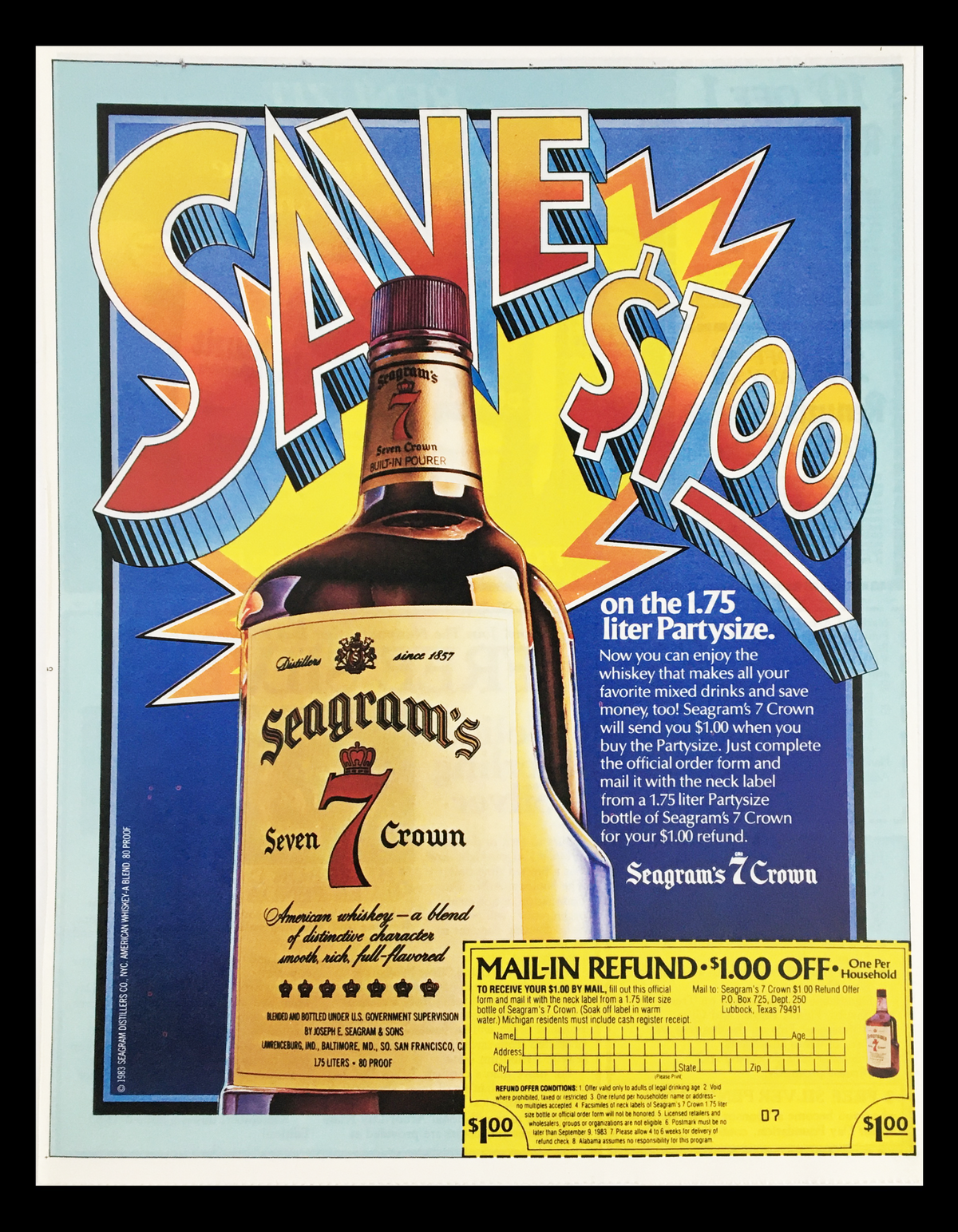 1983 Seagram's Seven Crown American Whiskey Circular Coupon Advertisement featuring a vibrant design promising savings of $1.00 on a 1.75 liter Party Size bottle, with an image of Seagram's Seven Crown whiskey prominently displayed.