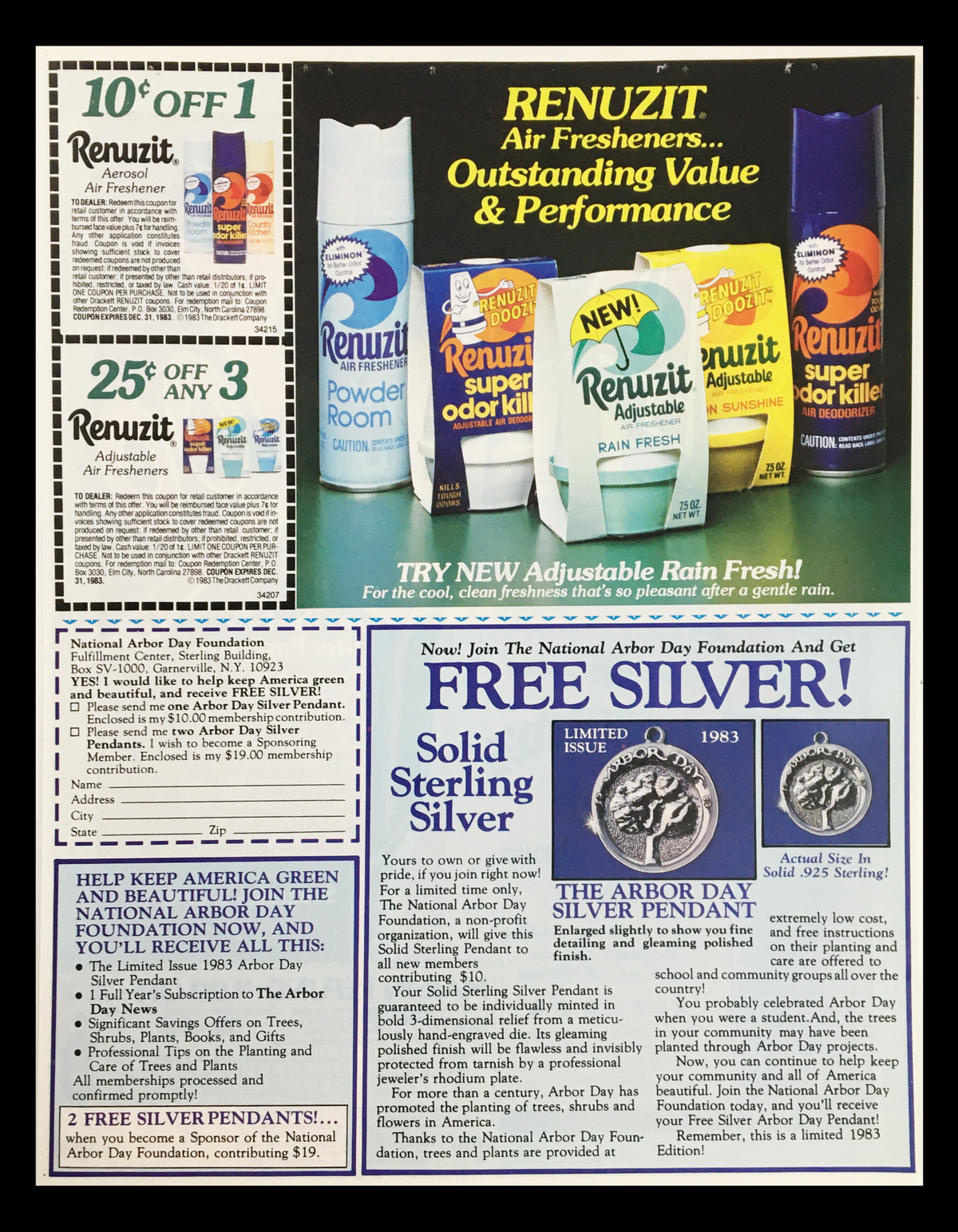 1983 advertisement featuring Renuzit air fresheners with promotions for discounts and offers, including a mail-in refund coupon and a mention of a free silver pendant from the Arbor Day Foundation.