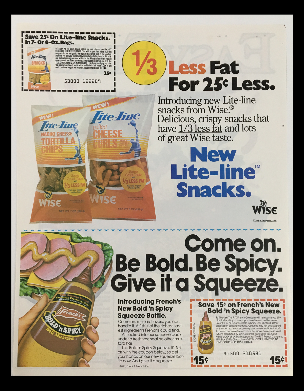 1983 Easy Fixin' P&R Summer Pasta Salads Circular Coupon Advertisement showcasing new Lite-line snacks from Wise, introducing less fat snacks, with a coupon for discounts on Wise products.