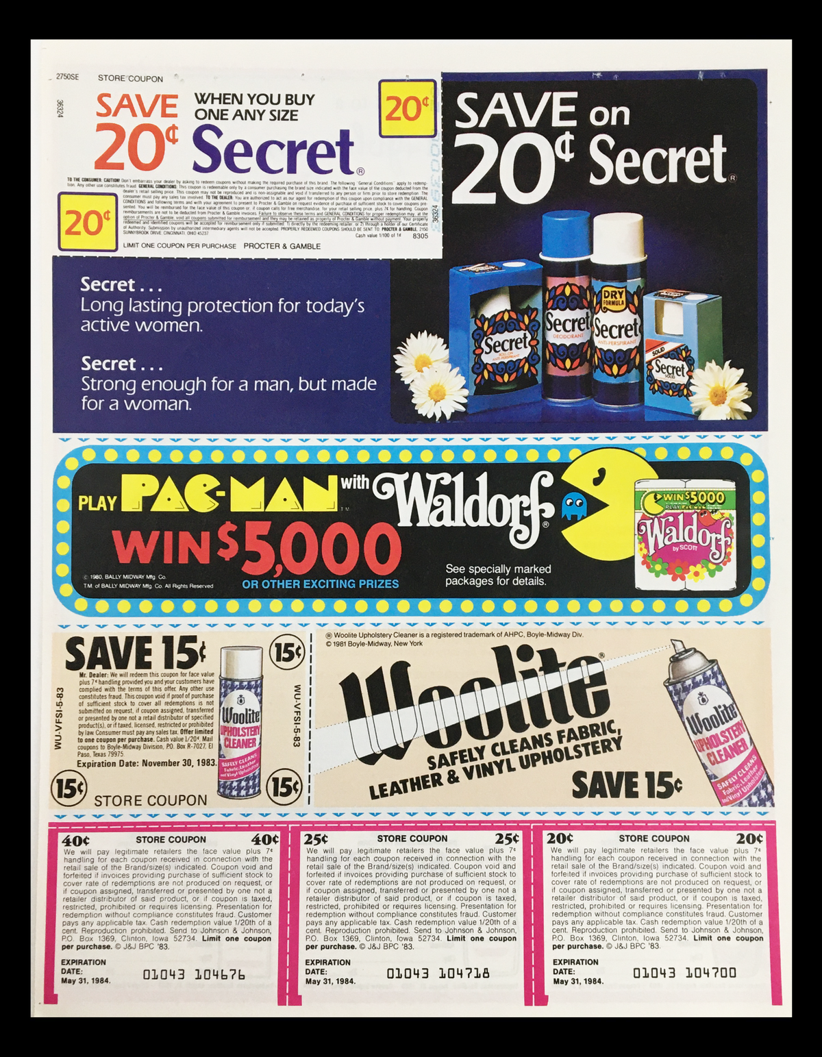 1984 Johnson & Johnson Summer Fantasy Sweepstakes Circular Coupon Advertisement showcasing coupons for various products including Secret and Woolite, with vivid graphics and coupon redemption instructions.