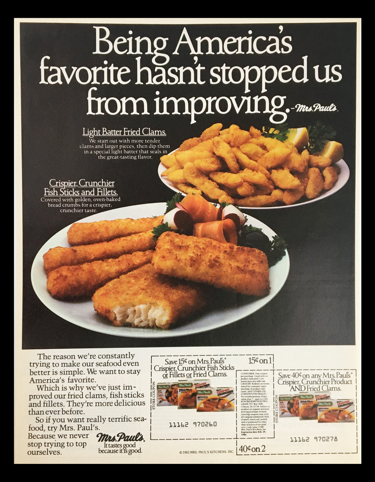 1984 advertisement for Mrs. Paul's fish products, featuring light batter fried clams and fish sticks and fillets. The ad highlights ongoing product improvements and offers savings on Mrs. Paul's products, all presented in an appealing layout.