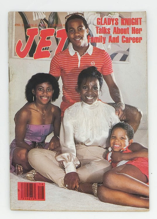 Cover of VTG Jet Magazine from April 18, 1983 featuring Gladys Knight with her family, discussing her career and family life. The image shows a smiling Gladys Knight seated with three family members, capturing a warm and personal moment.